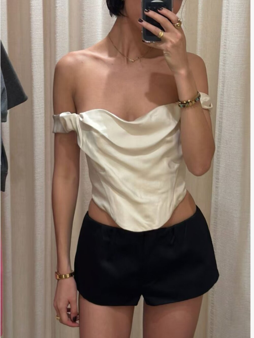 BEST NWT Venroy Draped Silk Corset Top - Cream Ivory Off-shoulder XS/S/M